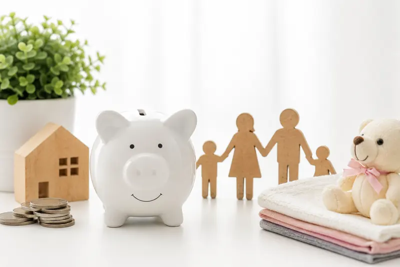 Piggy bank beside a wooden house, a paper family chain and stacked coins