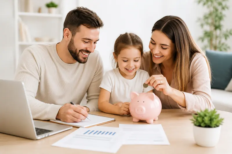 Two parents and a child at a kitchen table with a laptop, paperwork and a piggy bank
