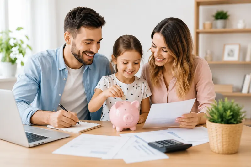 Family reviewing statements at a desk with a calculator and a laptop open