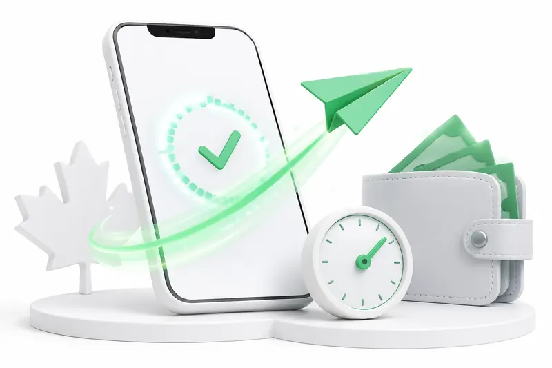 Smartphone showing an approved transfer, next to a wallet, a clock and a paper plane on a white podium