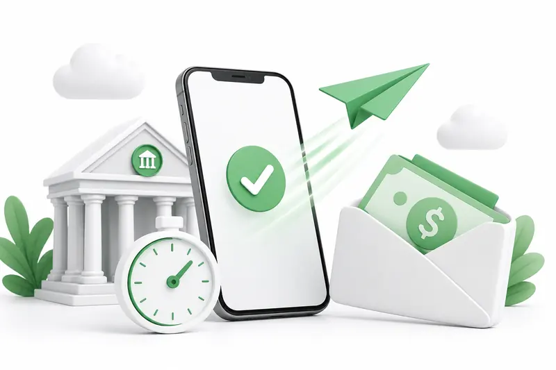 Phone with a green approval tick beside a bank building and an envelope of banknotes