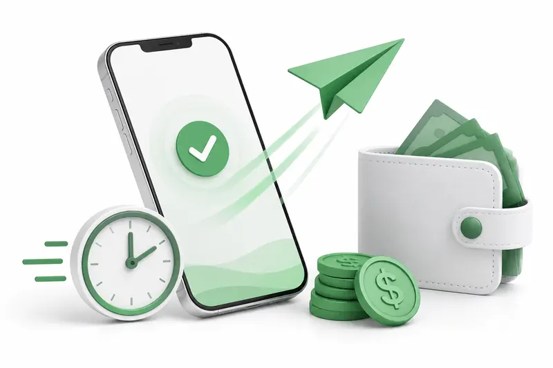 Clock, coins and a wallet arranged around a phone displaying a completed payment