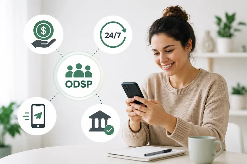 Woman using a phone surrounded by icons for ODSP, 24-hour service, banking and cash