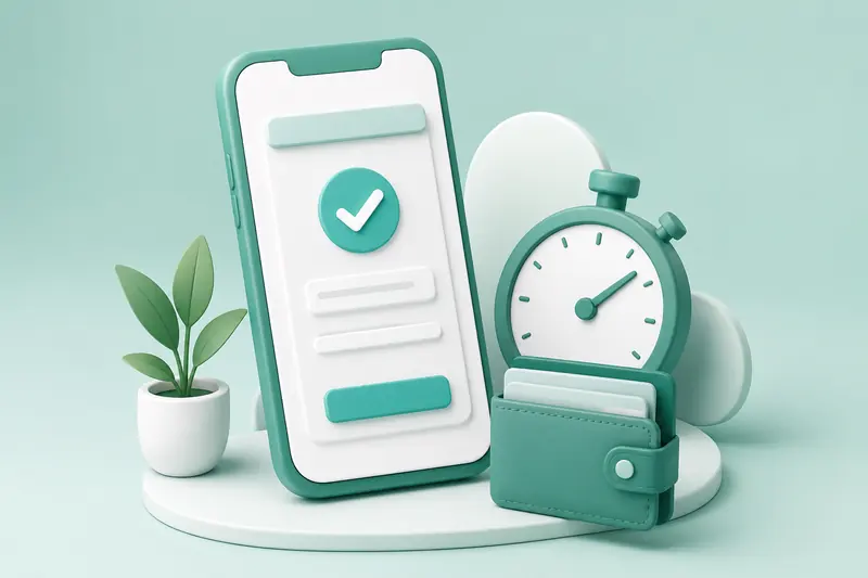 Stylised phone with an approval tick beside a stopwatch and a wallet on a mint background
