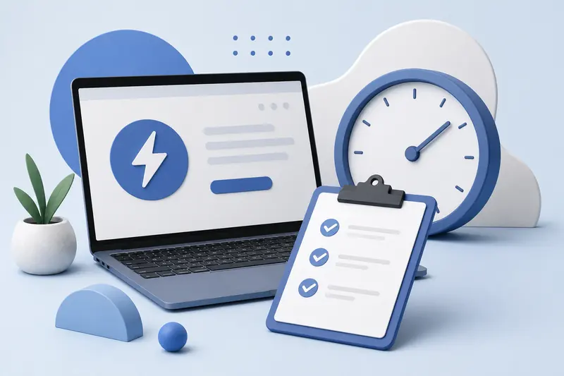 Laptop displaying a lightning bolt next to a clock and a checklist clipboard