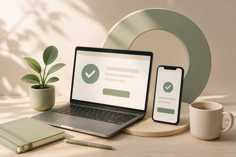 Laptop and phone showing completed approval screens on a sunlit desk