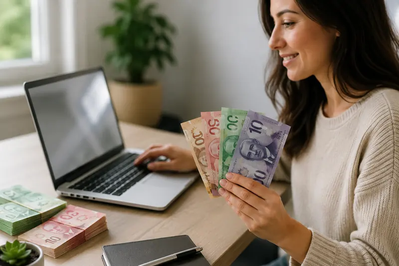 Woman at a laptop counting Canadian banknotes at a home desk