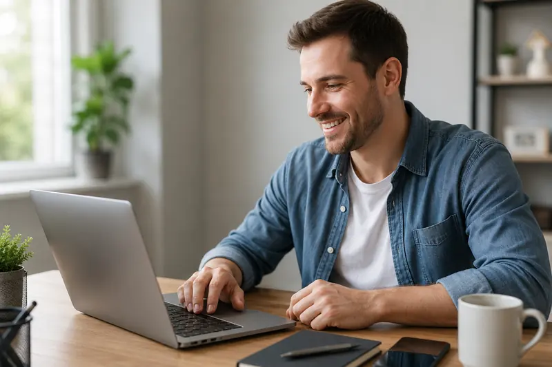 Man working at a laptop in a bright room with a coffee mug beside him