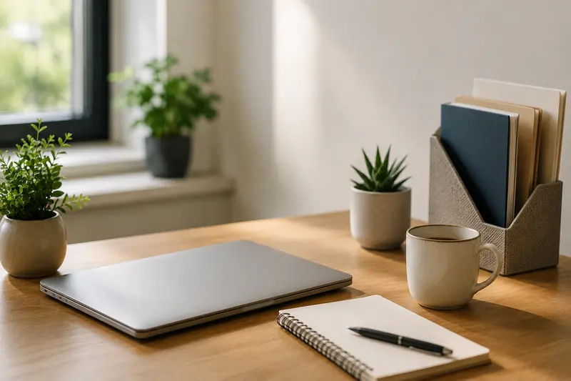 Tidy desk with a closed laptop, a notebook, a pen and a mug