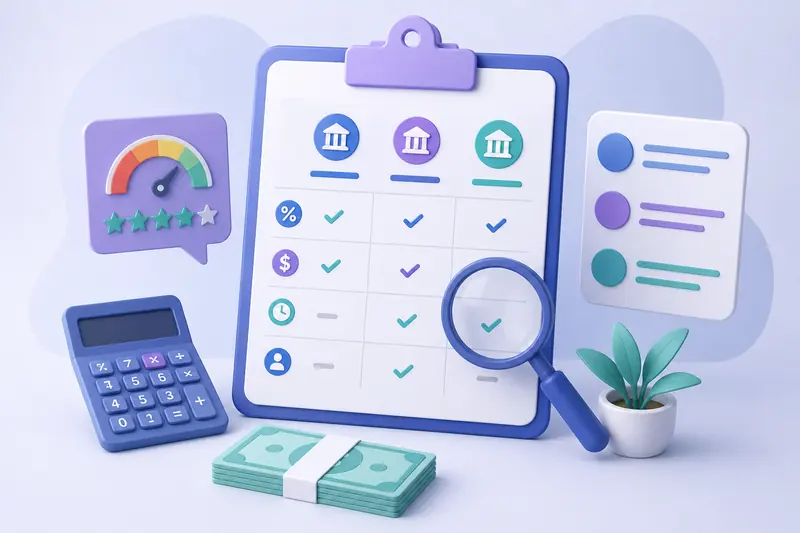 Comparison board of lender cards with a calculator, magnifier and a credit-score dial