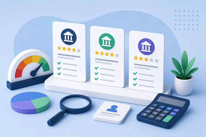 Three lender rating cards with star scores beside a calculator and a score gauge