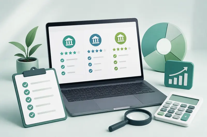 Laptop showing lender ratings next to a pie chart and a growth chart